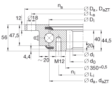 INA四點接觸球軸承 VLI200414-N, 輕系列 20， 內部的齒輪齒，兩側唇密封