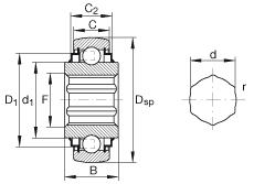 INA外球面球軸承 SK102-207-KRR-B-AH10, 球面外圈，內(nèi)圈帶六角形孔，兩側(cè) R 型密封