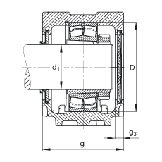 FAG直立式軸承座 SNV090-L + 22308-E1-K + H2308X105 + DHV608X105, 根據(jù) DIN 736/DIN737 標(biāo)準(zhǔn)的主要尺寸，剖分，帶錐孔和緊定套的調(diào)心滾子軸承，V 型圈密封，脂和油潤滑